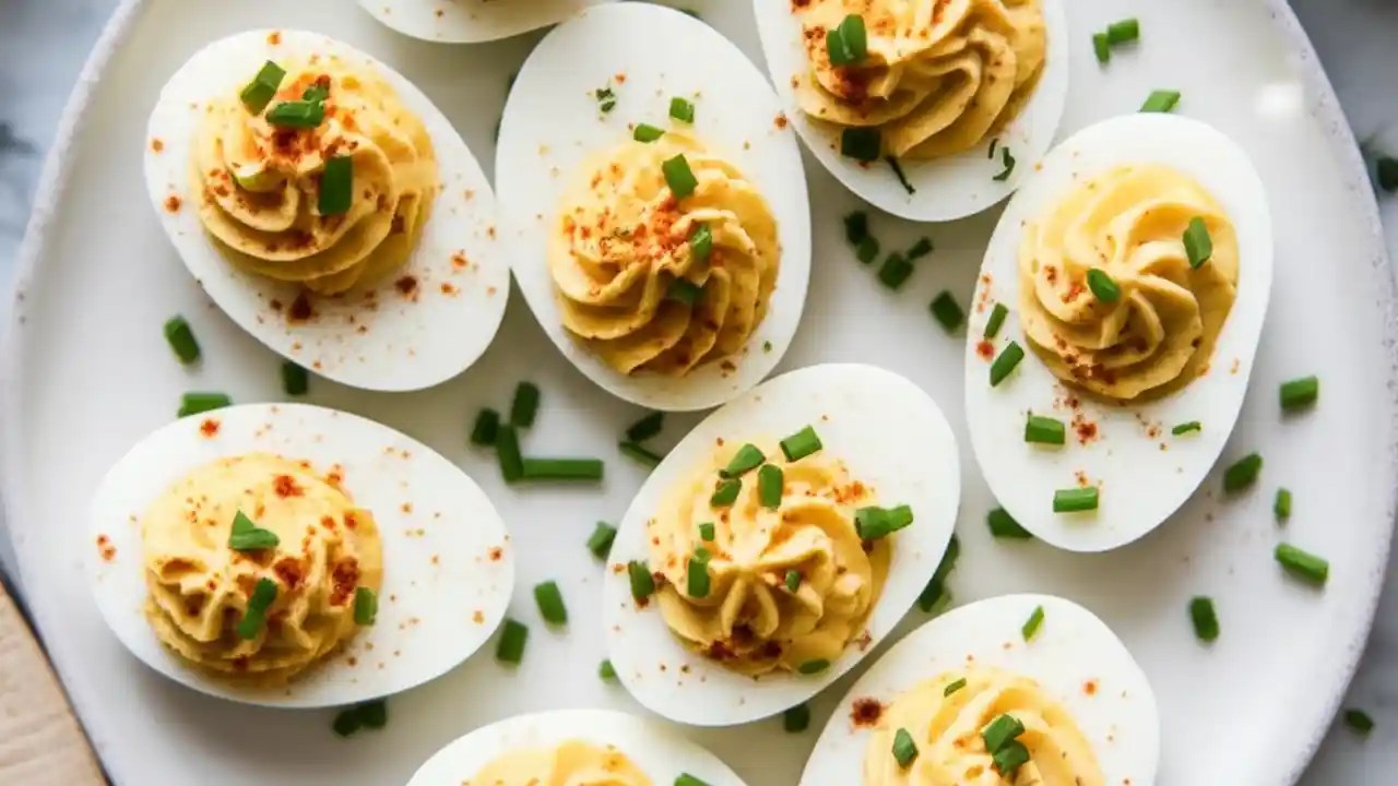 A close-up, top-down view of freshly garnished deviled eggs on a white platter, ready for a party.