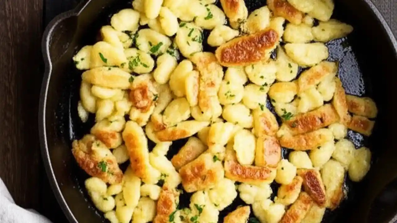 A cast-iron skillet filled with golden, pan-fried spaetzle, garnished with parsley, demonstrating how to reheat make-ahead spaetzle.