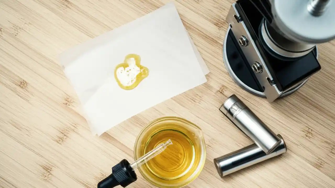 A top-down view of equipment for making THC vape oil, including a rosin press, rosin, terpenes, and an empty vape cartridge on a table.