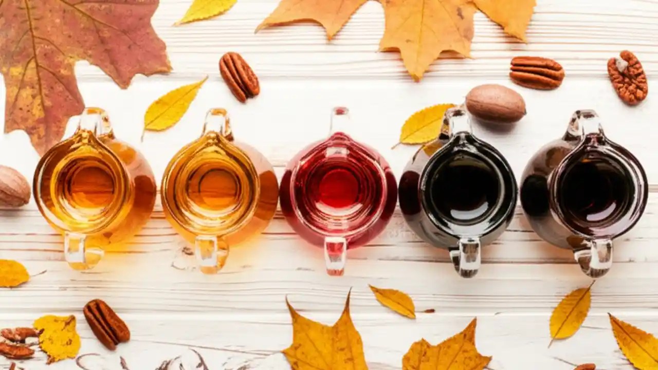 Four glass pitchers showing the different grades of maple syrup, from Golden and Amber to Dark and Very Dark, with a pancake in the background.