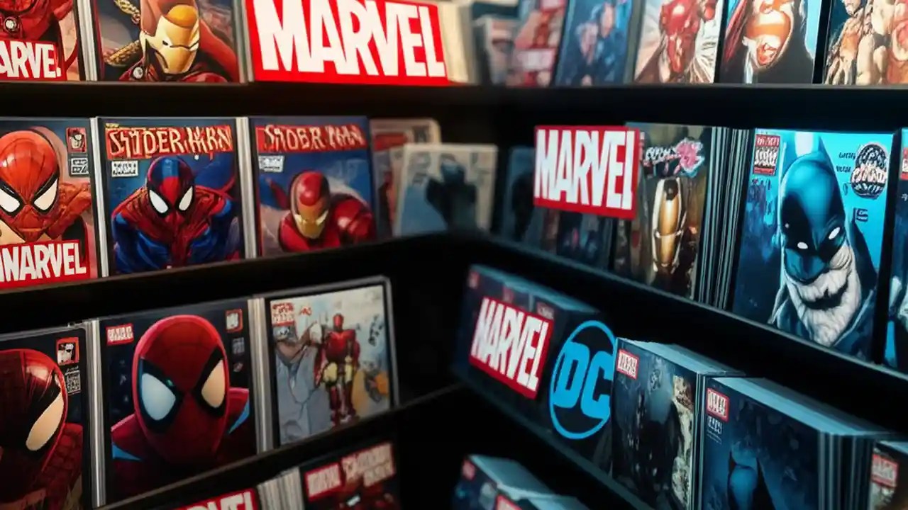 A side-by-side comparison of Marvel and DC comics on a store shelf, illustrating the core debate of which brand is better for fans.