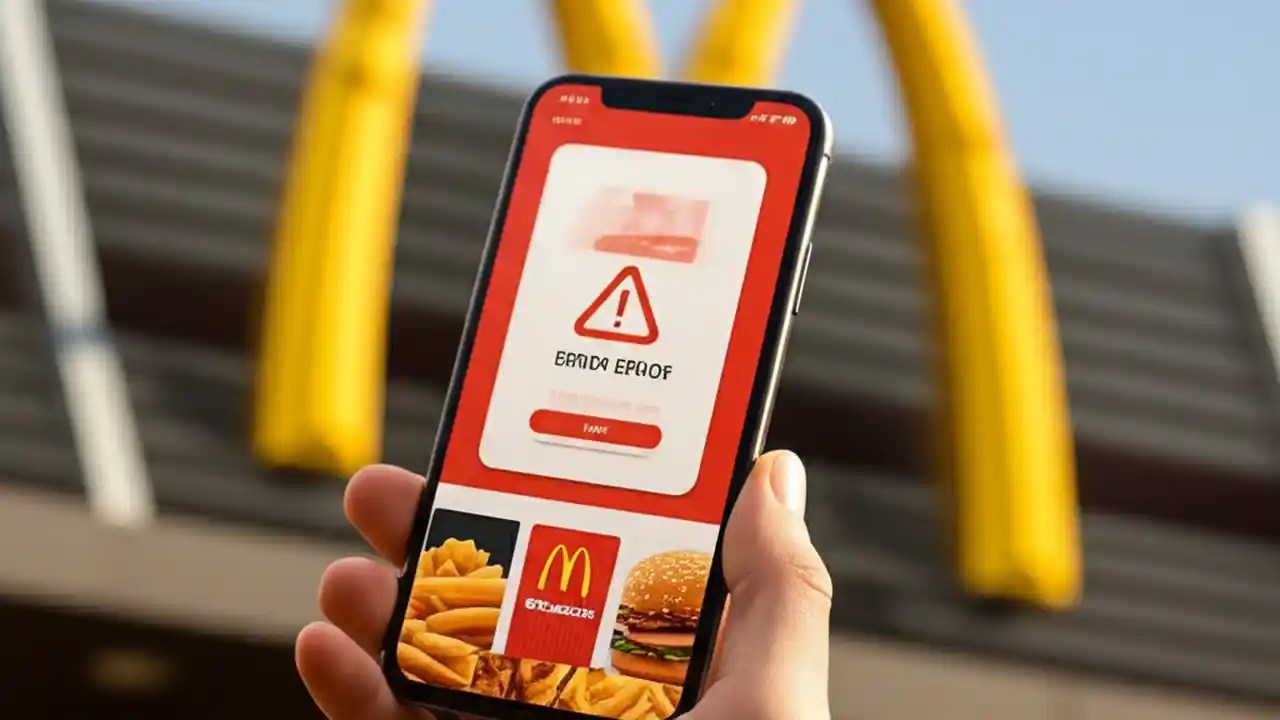 A close-up of a smartphone screen showing the McDonald's app with an error message, held by a person trying to fix the issue.