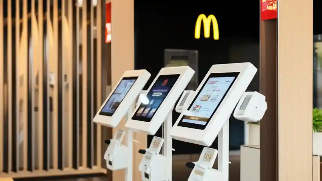 Interior of a modern McDonald's restaurant in 2026, showing digital kiosks and a contemporary design reflecting the brand's evolution.