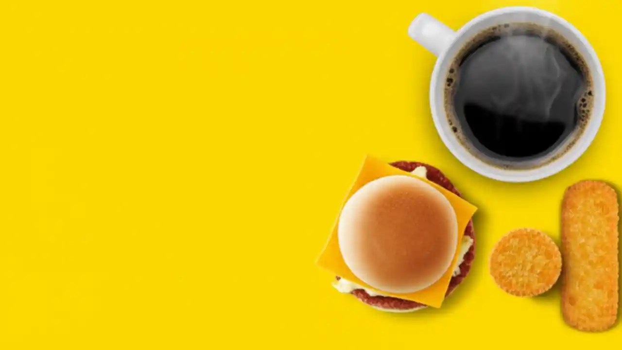 An Egg McMuffin, hash brown, and McCafe coffee on a table, illustrating the McDonald's breakfast menu and hours.