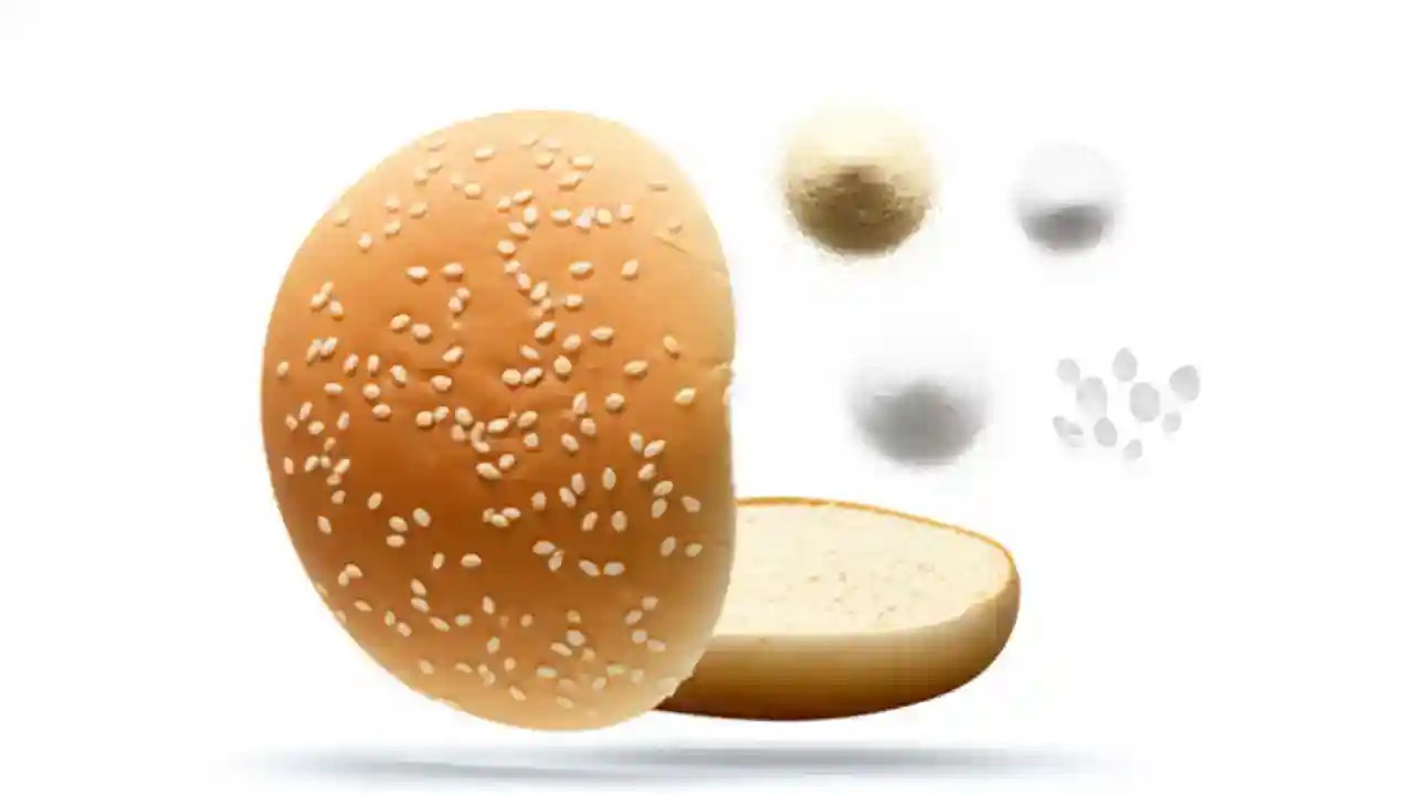 A deconstructed McDonald's hamburger showing the top and bottom bun next to the patty, pickles, and onions on a gray slate surface.