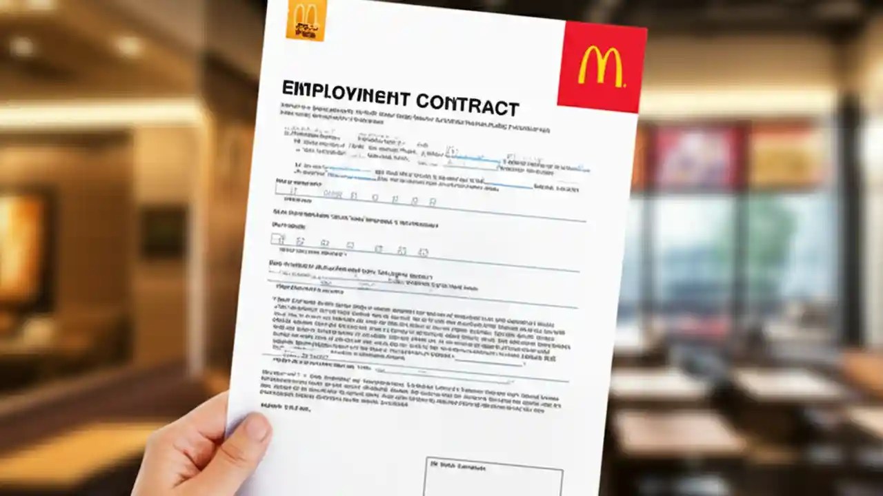 A person reviewing the details of a McDonald's casual work contract before signing, with the restaurant in the background.