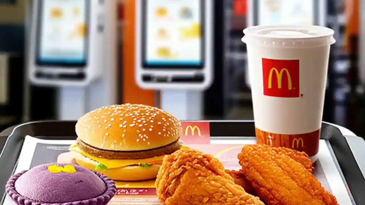 A McDonald's tray featuring a Big Mac, crispy McWings, a purple Taro Pie, and soy milk, showcasing the unique menu in China.