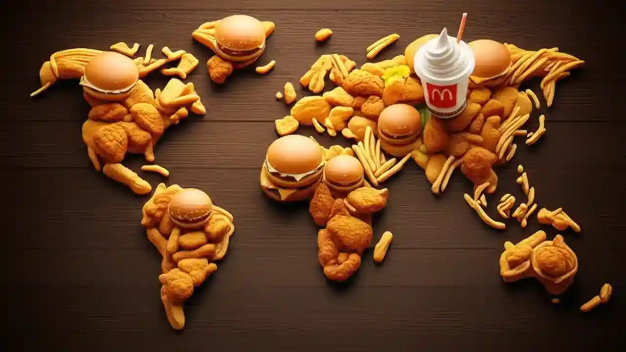 A stylized world map indicating the global presence of McDonald's, with golden arches marking countries where the fast-food chain operates.