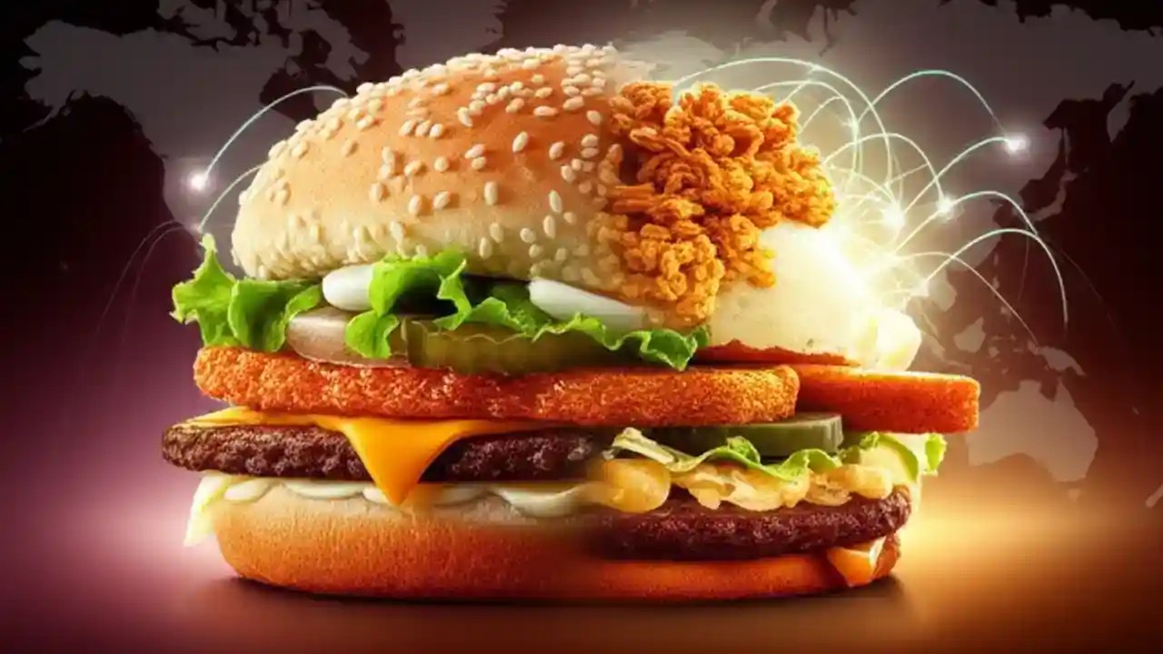 A visual representation of McDonald's globalization, showing a Big Mac alongside international menu items on a world map background.