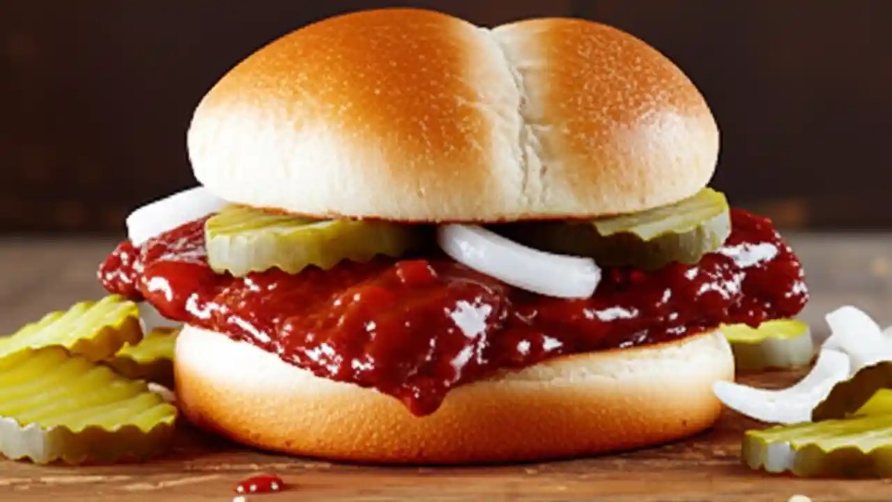 A close-up shot of a McDonald's McRib sandwich, showing the pork patty, tangy BBQ sauce, onions, and pickles on a homestyle roll.