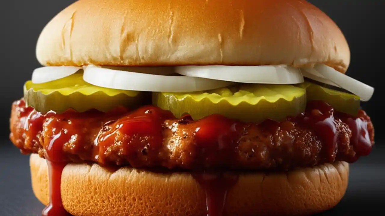 A close-up photo of a McDonald's McRib sandwich, showing the pork patty covered in BBQ sauce with pickles and onions.