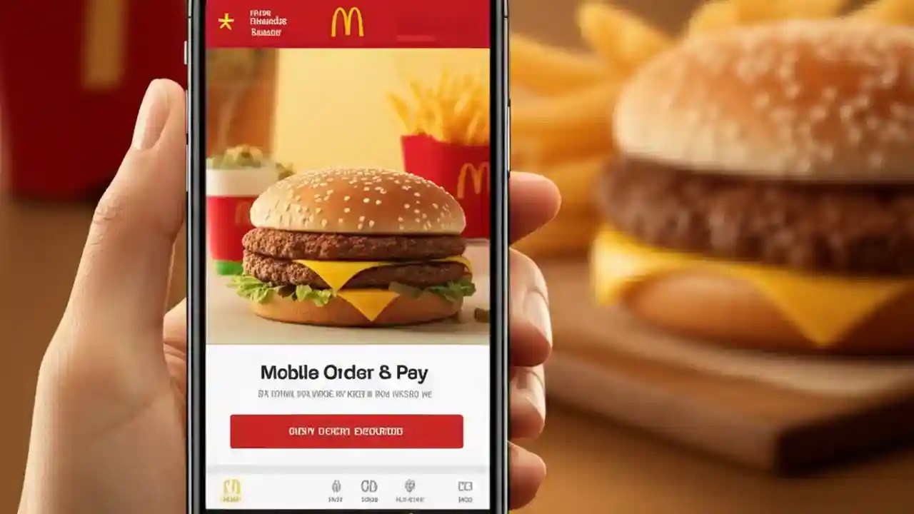 A smartphone displaying the McDonald's mobile app screen, surrounded by a Big Mac, fries, and a soda, illustrating the convenience of mobile ordering.