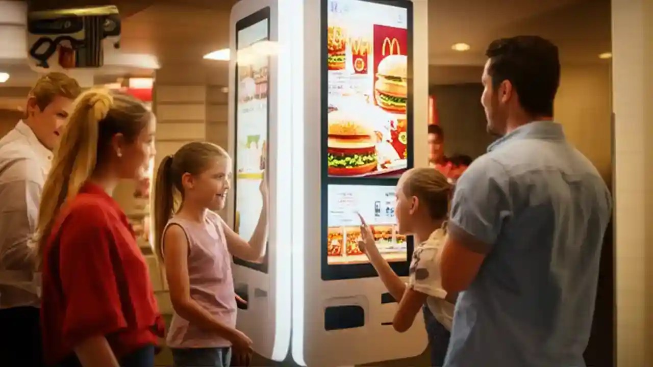 A family smiles while using a modern, brightly lit McDonald's self-ordering kiosk to place their food order in a clean restaurant.