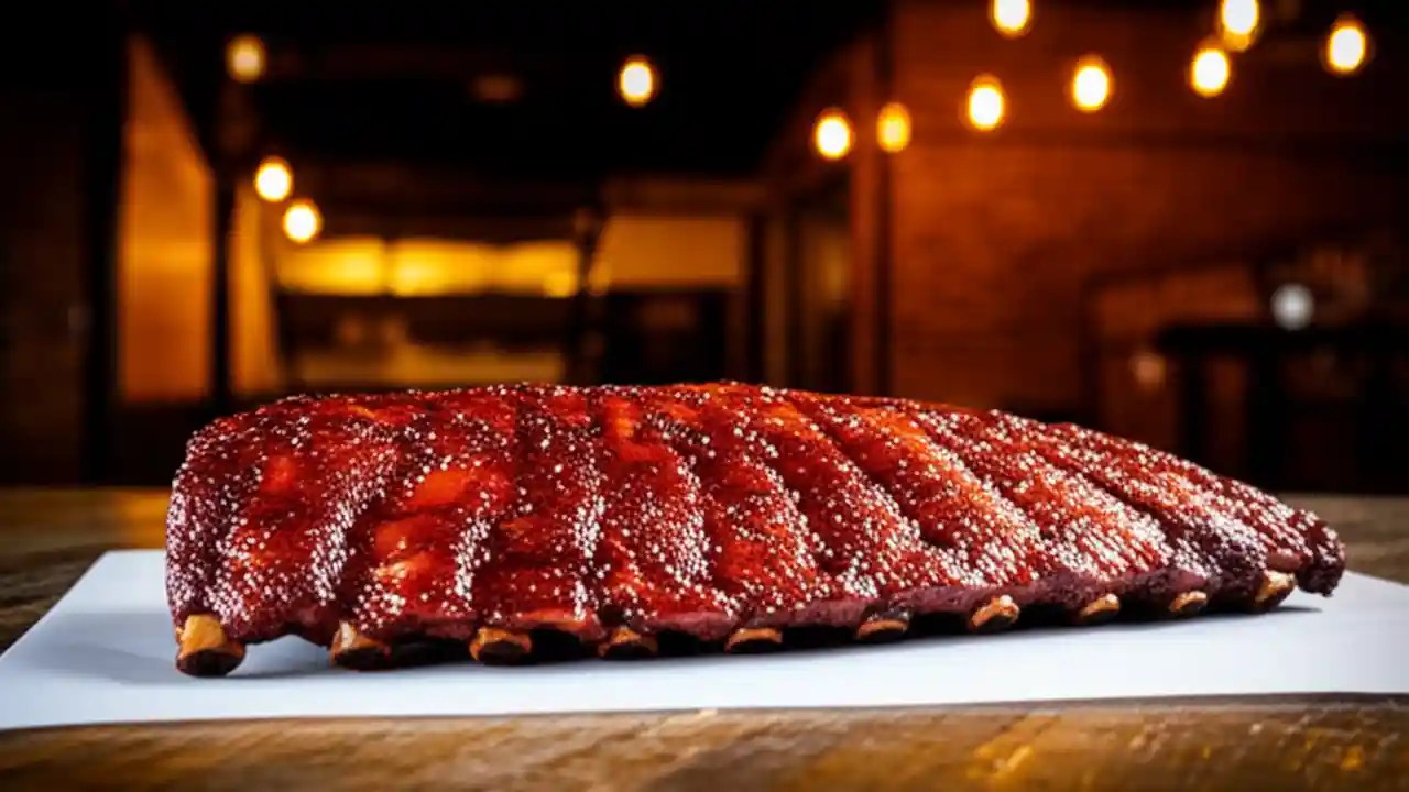 A perfectly smoked rack of pork ribs, a signature dish at Michael Symon's Mabel's BBQ restaurant, is presented on butcher paper.