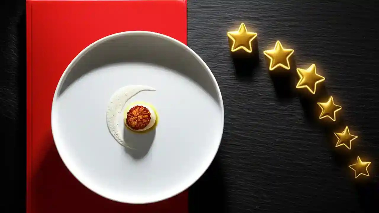 A detailed explanation of what one, two, and three Michelin stars mean for a restaurant, showing an artistic dish on a plate.