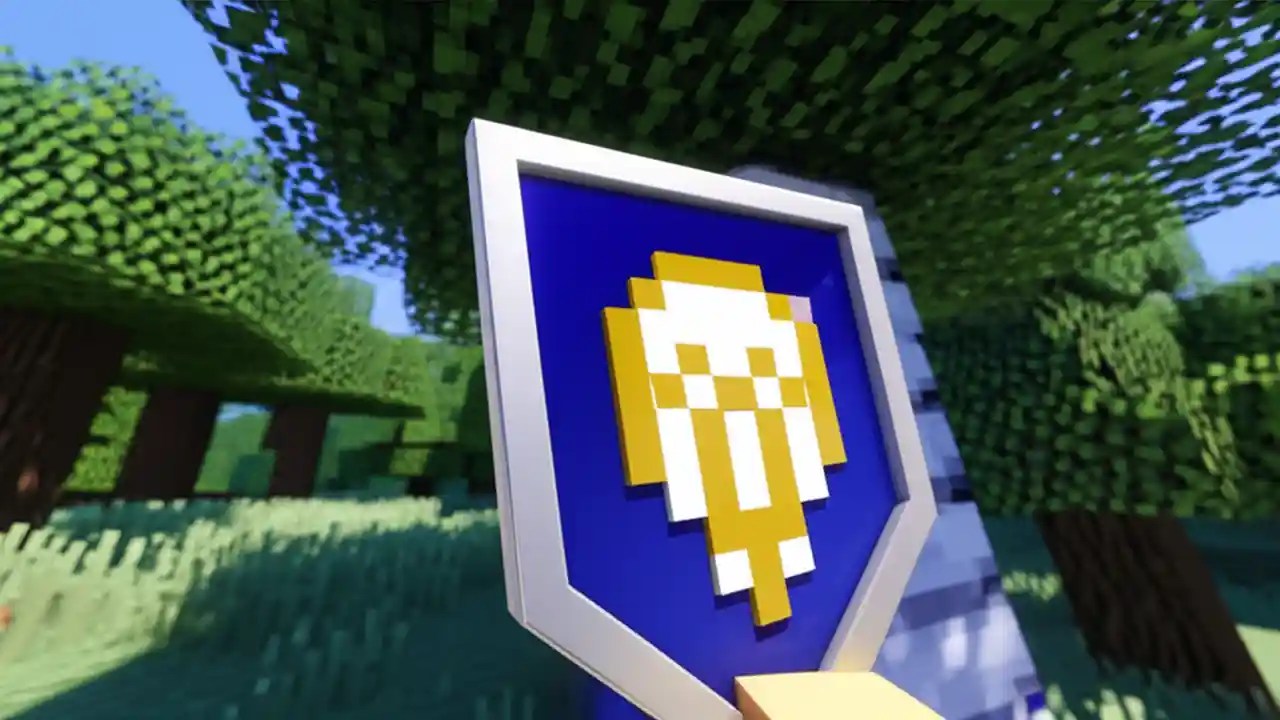 A player in Minecraft holding up a custom shield that features a golden lion's head design, demonstrating a custom shield pattern.