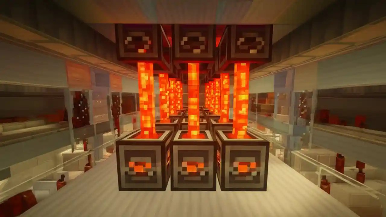 A step-by-step view of an efficient and safe infinite lava source farm in Minecraft using pointed dripstone and cauldrons.