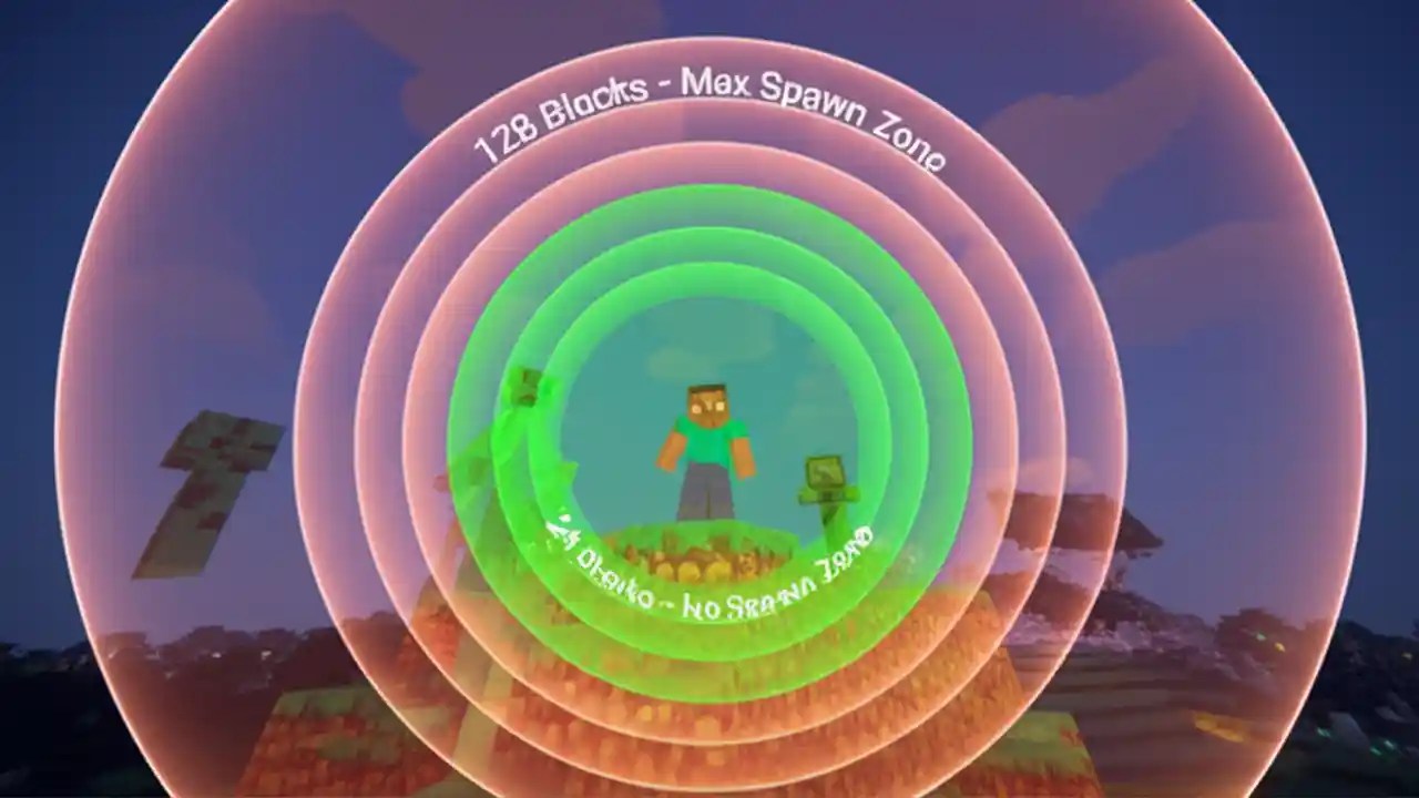 A diagram showing a Minecraft player with two spheres around them, indicating the 24-block minimum and 128-block maximum mob spawning distances.