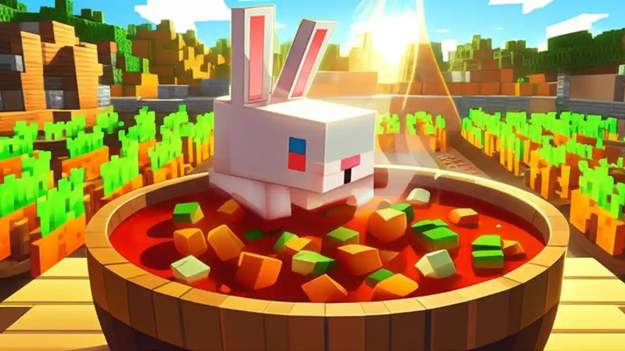 A bowl of perfectly crafted Rabbit Stew from Minecraft sitting on a crafting table, with ingredients laid out nearby.