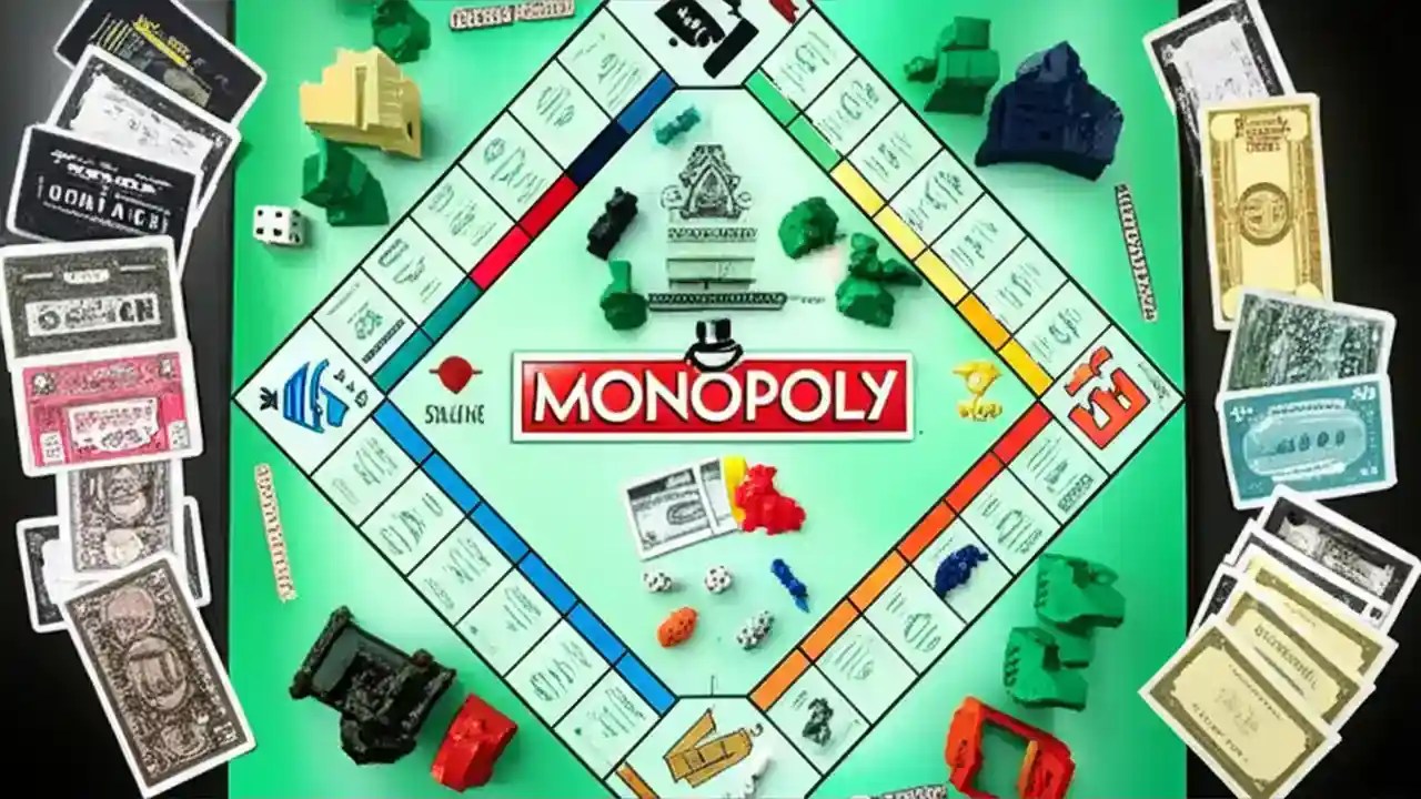 A top-down view of a Monopoly board with all its pieces, including the Scottie Dog token, money, houses, hotels, and cards, laid out.
