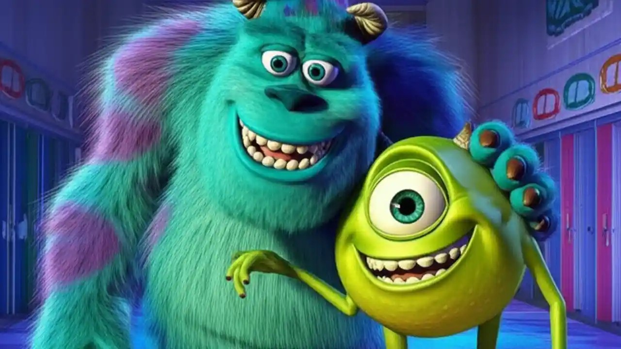 A detailed image showing the main characters of Monsters, Inc.: Sulley, Mike Wazowski, and Boo in the foreground, with the villain Randall in the background.