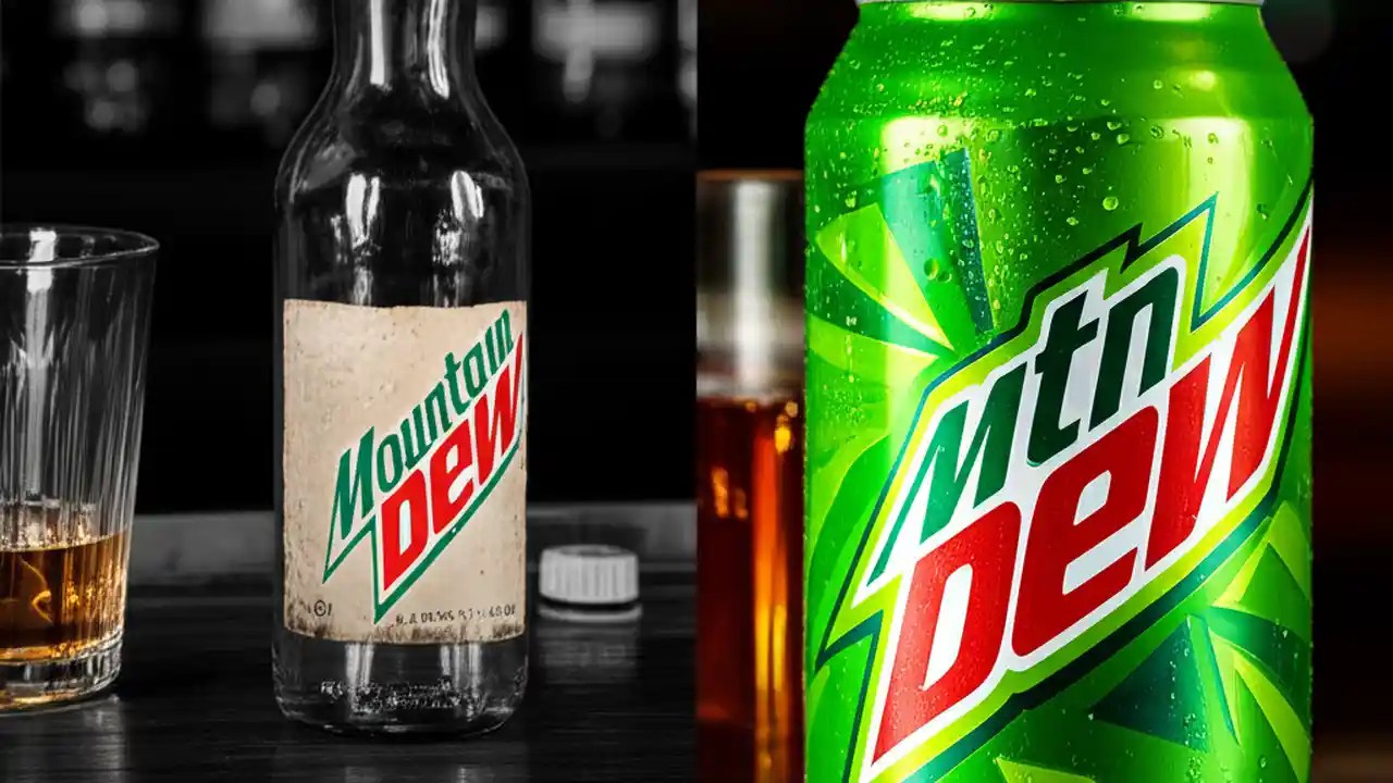 A split image showing the original clear Mountain Dew bottle next to a whiskey glass and the modern bright green can of Mountain Dew.