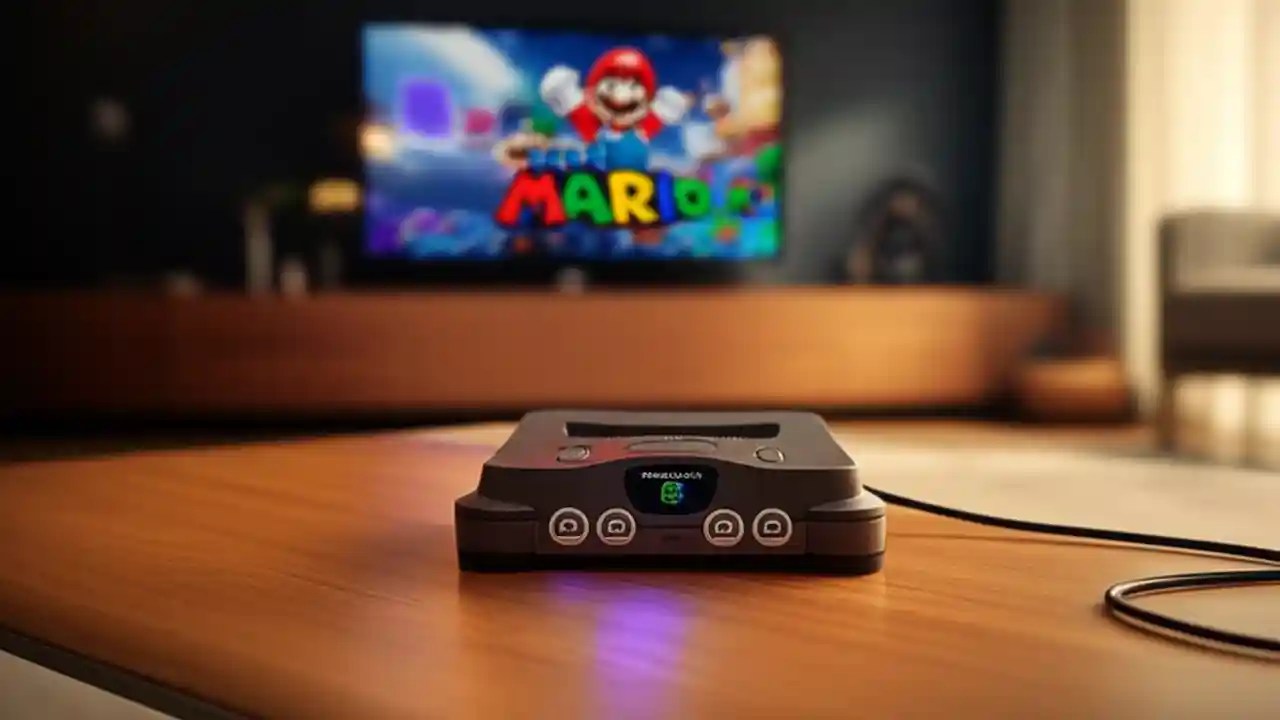 A detailed photo of a potential N64 Classic Mini console, glowing with nostalgic energy in a modern living room setting.