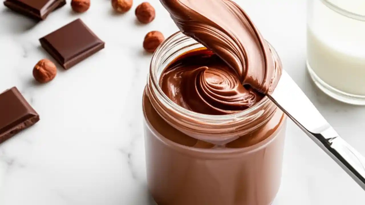 A jar of Nutella with a knife covered in the spread, surrounded by its core ingredients: hazelnuts and cocoa.