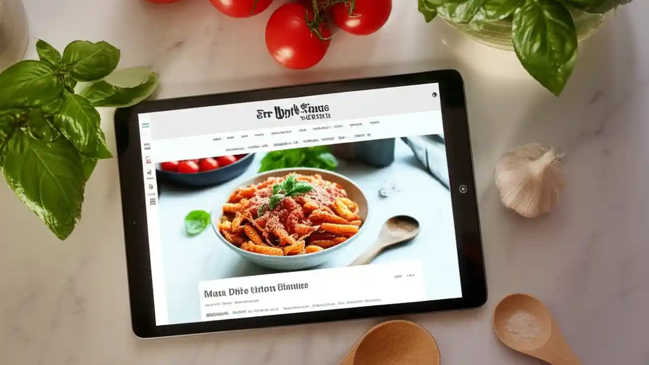 A tablet displaying the NYT Cooking interface, surrounded by fresh cooking ingredients, illustrating the value of a subscription.
