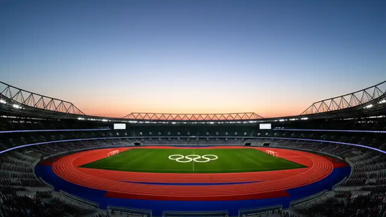 The Olympic rings glowing inside a large, empty stadium, representing the many cities that have hosted the Olympic Games.