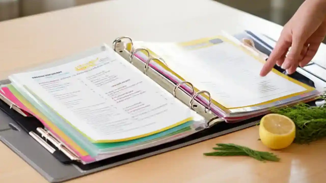 An open recipe binder displaying neatly organized recipes in clear page protectors with colorful dividers on a kitchen counter, bathed in warm sunlight.