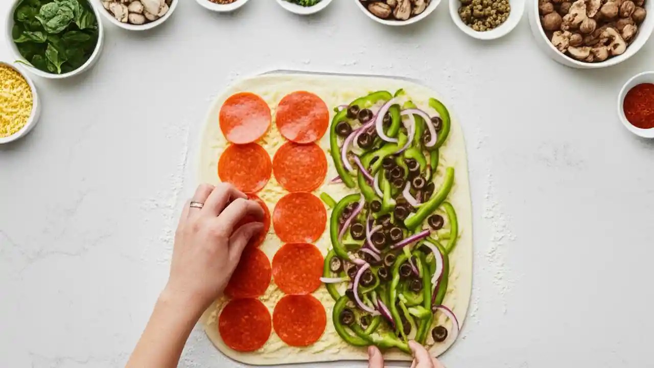 An overhead shot of a Papa Murphy's pizza being made, with hands placing pepperoni next to fresh vegetables like peppers and olives.