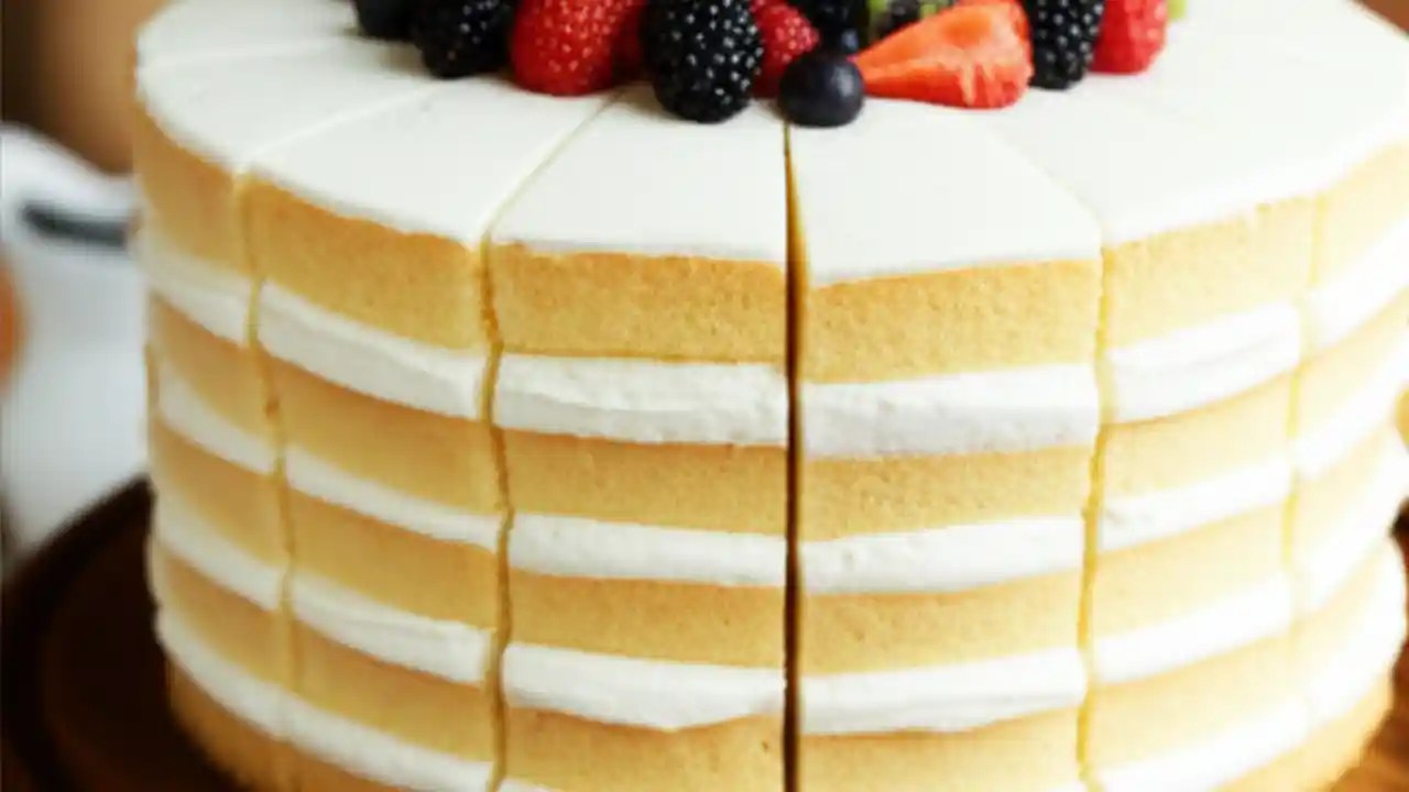 A perfectly sliced multi-tiered white cake on a wooden stand with fruit garnishes, showcasing precise serving sizes.