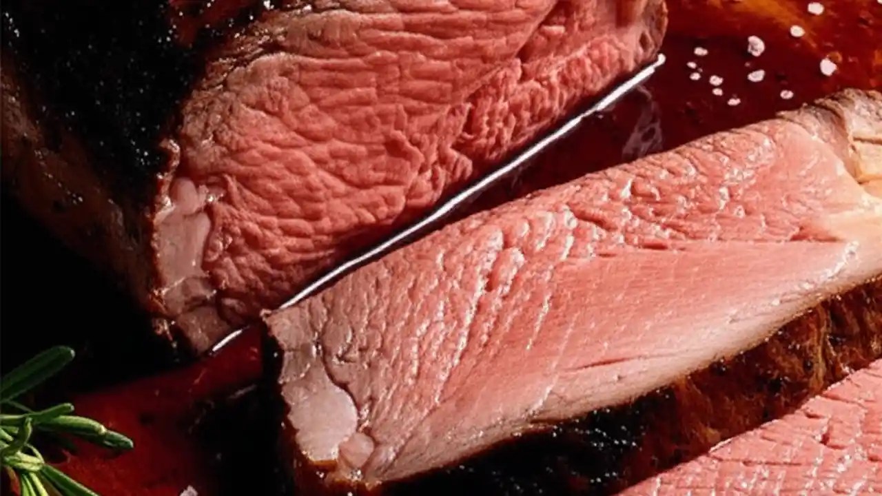 A perfectly cooked and sliced medium-rare beef roast showing a juicy pink center and a dark, savory crust, ready to be served.