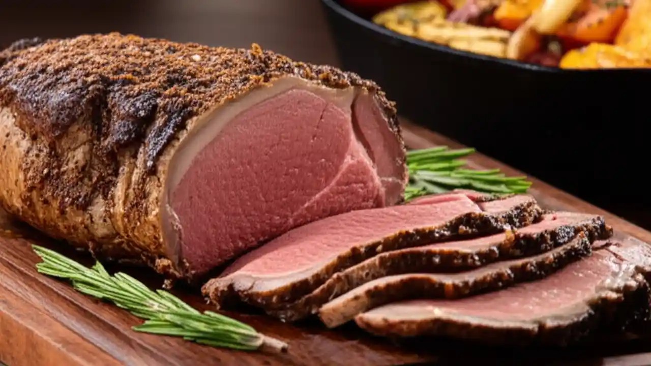 A sliced medium-rare venison roast on a wooden board, showing its juicy pink center and a dark seared crust, garnished with fresh rosemary.