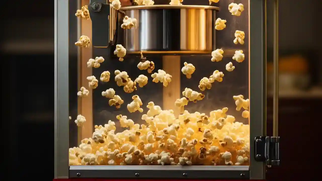 A close-up action shot of fluffy, buttery popcorn erupting from a kettle-style popcorn machine, ready to be eaten.