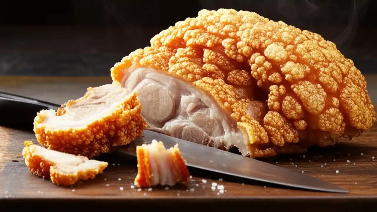A close-up of a perfectly cooked pork roast with golden, bubbly, and crispy crackling, resting on a wooden board.