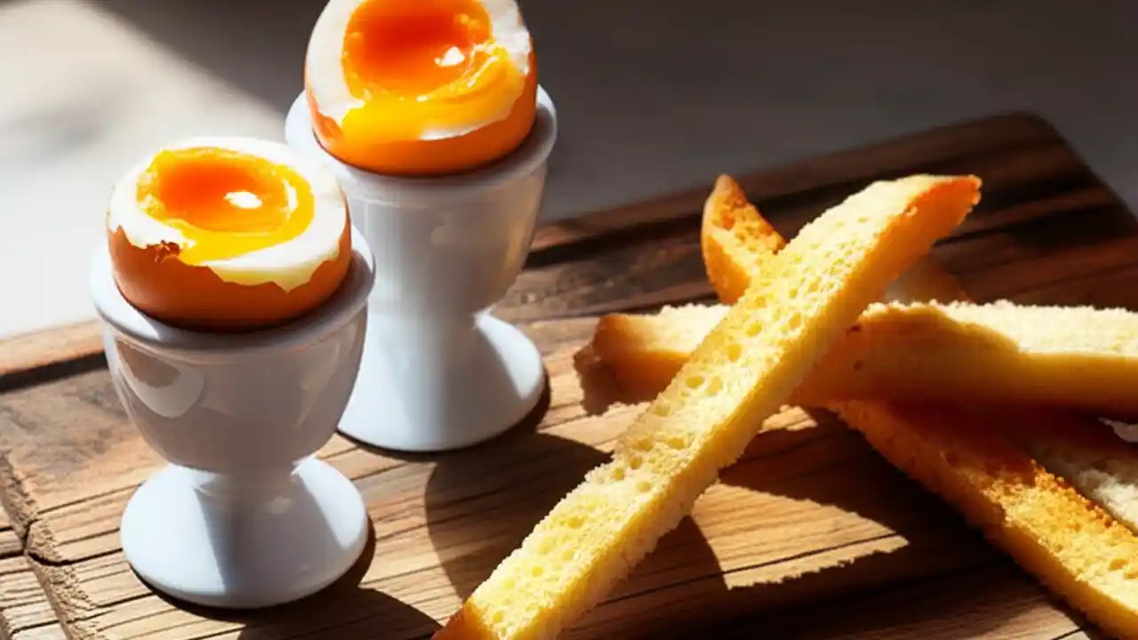A perfectly cooked soft boiled egg, cut in half to show the jammy orange yolk, served on a piece of toast with salt and pepper.