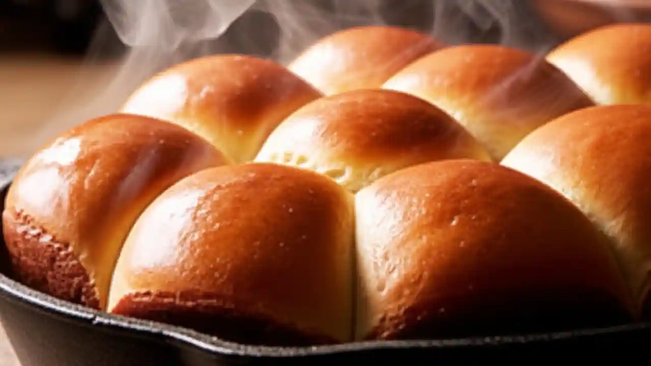 A top-down view of perfectly baked, golden-brown dinner rolls nestled together in a round pan, fresh from the oven.