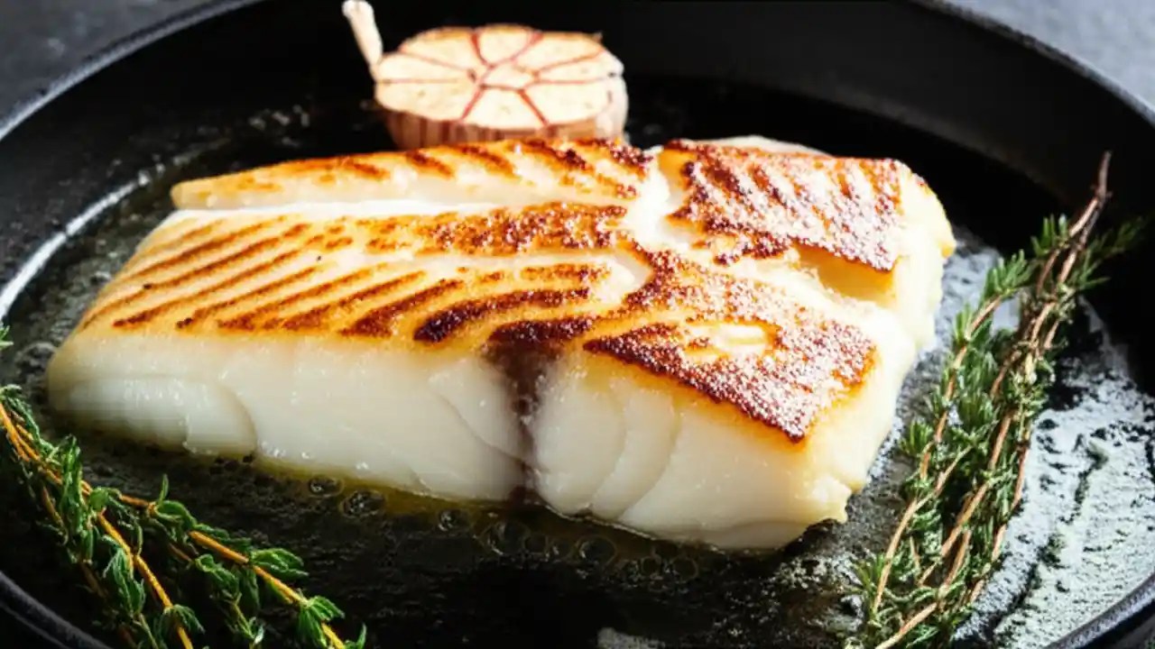 A close-up overhead view of a golden-brown pan-seared cod fillet in a cast-iron skillet, finished with butter, lemon, and thyme.