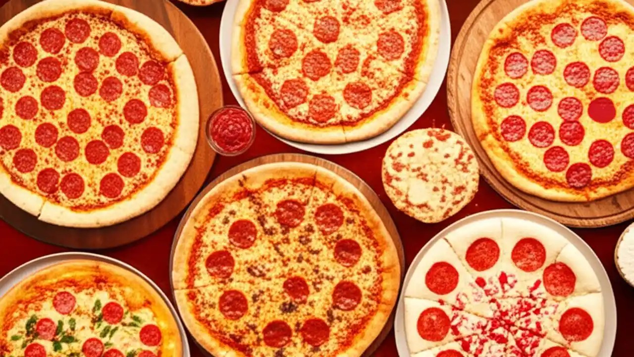 A top-down view of Pizza Hut pizzas in Personal, Medium, and Large sizes, showcasing various toppings and crust types for a comprehensive guide on pizza dimensions and serving portions.