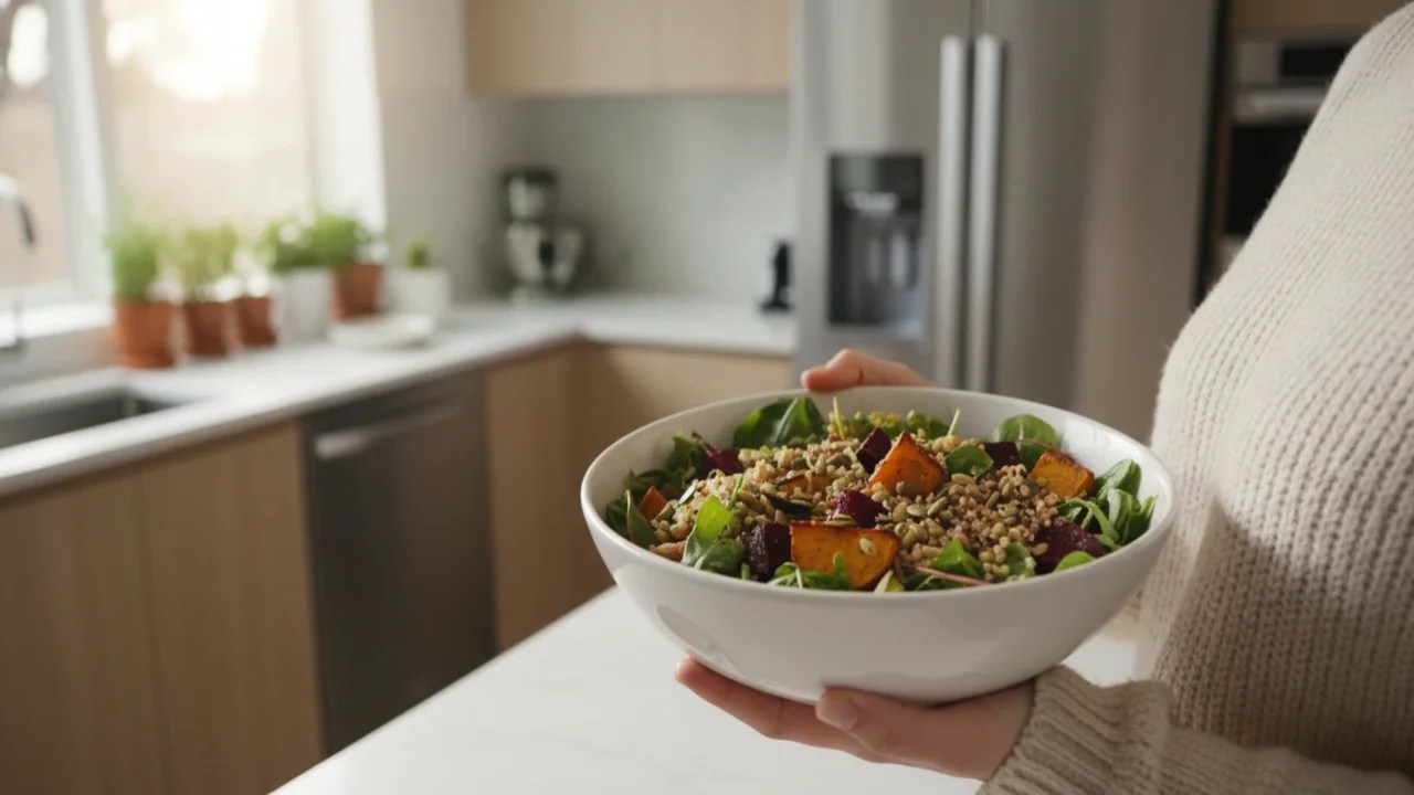 Person holding a high-protein plant-based grain bowl with fresh greens and seeds in a kitchen.
