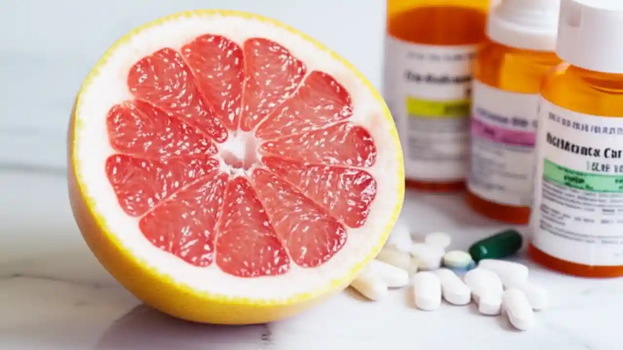 A halved pomelo on a counter next to several out-of-focus pill bottles, representing the risk of pomelo and medication interactions.