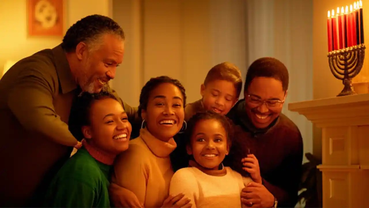 A multi-generational Black family joyfully celebrating Kwanzaa together in a warmly lit room with a Kinara in the background.
