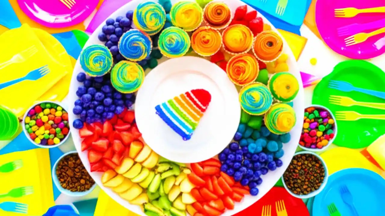 An overhead view of a festive table set for a rainbow party, featuring a rainbow layer cake, fruit platter, and colorful decorations.