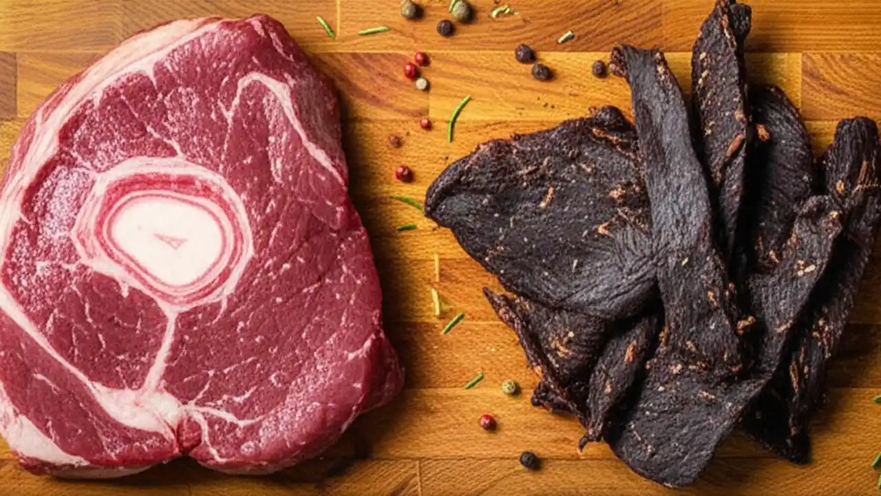 A piece of raw beef next to a smaller pile of finished beef jerky, illustrating the weight loss from the dehydration process.
