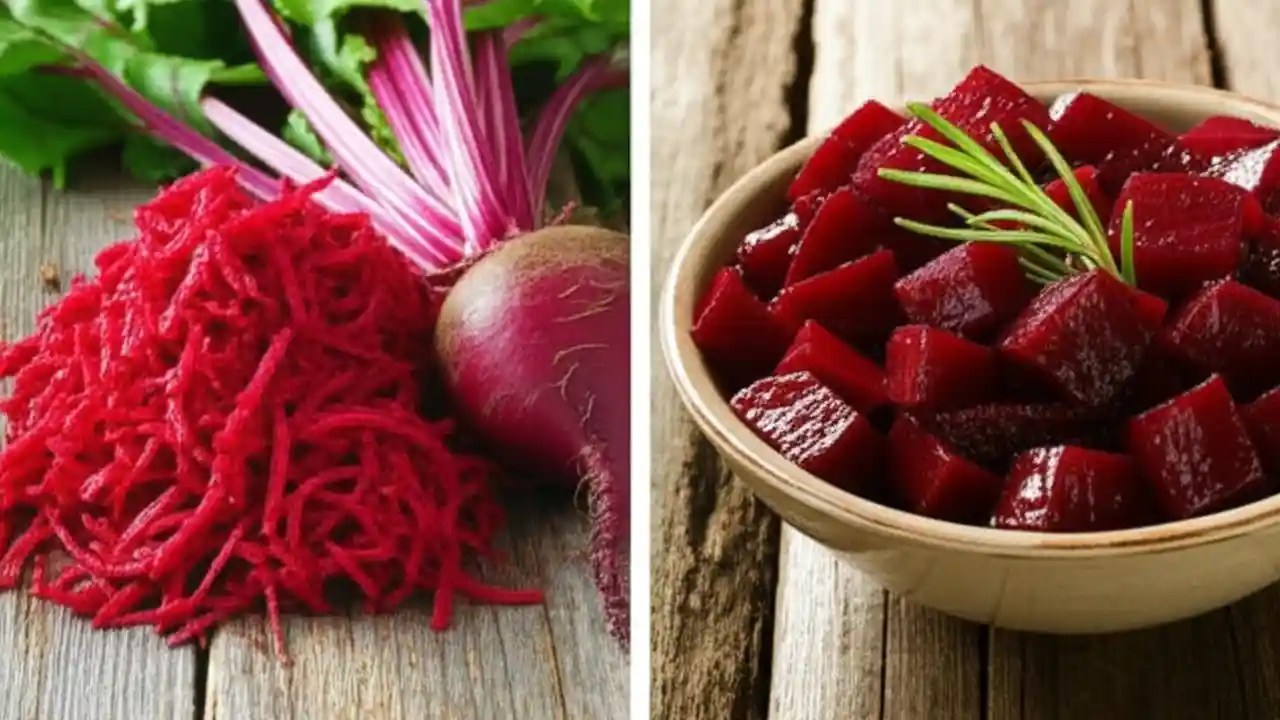 A side-by-side comparison of whole raw beets with green tops and sliced cooked beets on a wooden board to illustrate nutritional differences.