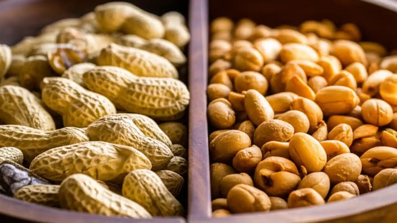 A side-by-side comparison of raw peanuts with their red skins and golden-brown roasted peanuts in a wooden bowl.