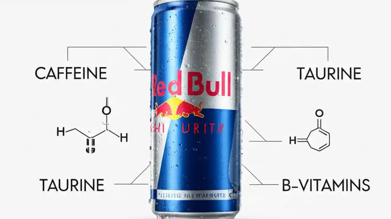 A Red Bull can sits next to symbolic representations of its ingredients: coffee beans for caffeine, sugar crystals, and a splash of water.