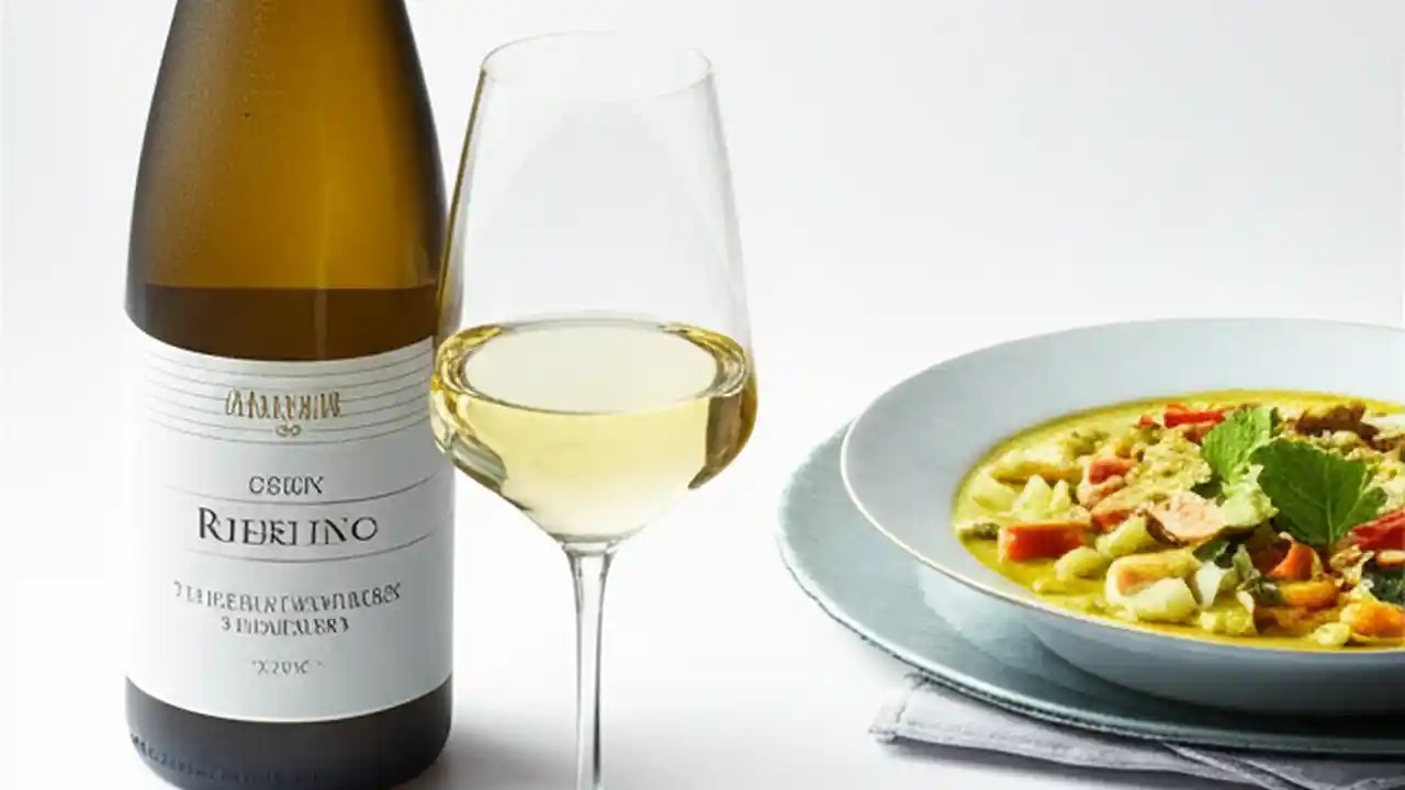 A bottle of Riesling wine next to a glass, surrounded by perfectly paired foods including spicy curry, cheese, and scallops.